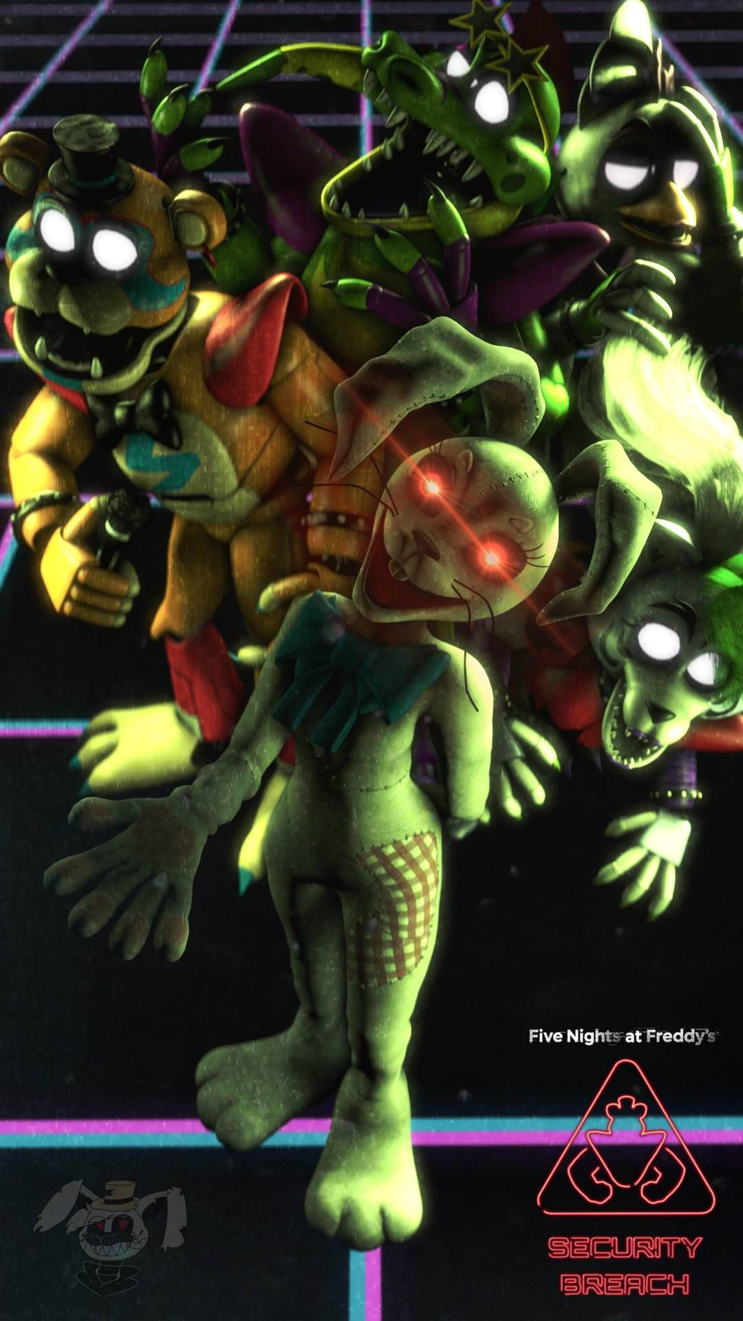 電玩遊戲 桌布 壁紙 — 《Five Nights at Freddy's》中令人毛骨悚然的電子動畫角色在黑暗的網格背景上發出詭異的霓虹光芒。