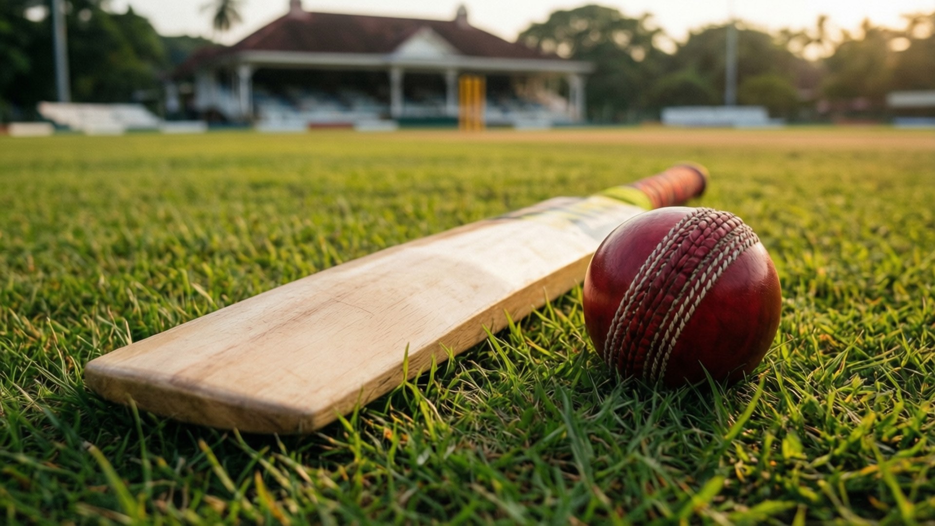 Guyana Cricket Passion 壁紙 — 一個木製板球拍和一個紅色皮球在黃金時段的體育館中，放在充滿活力的綠色草地上。