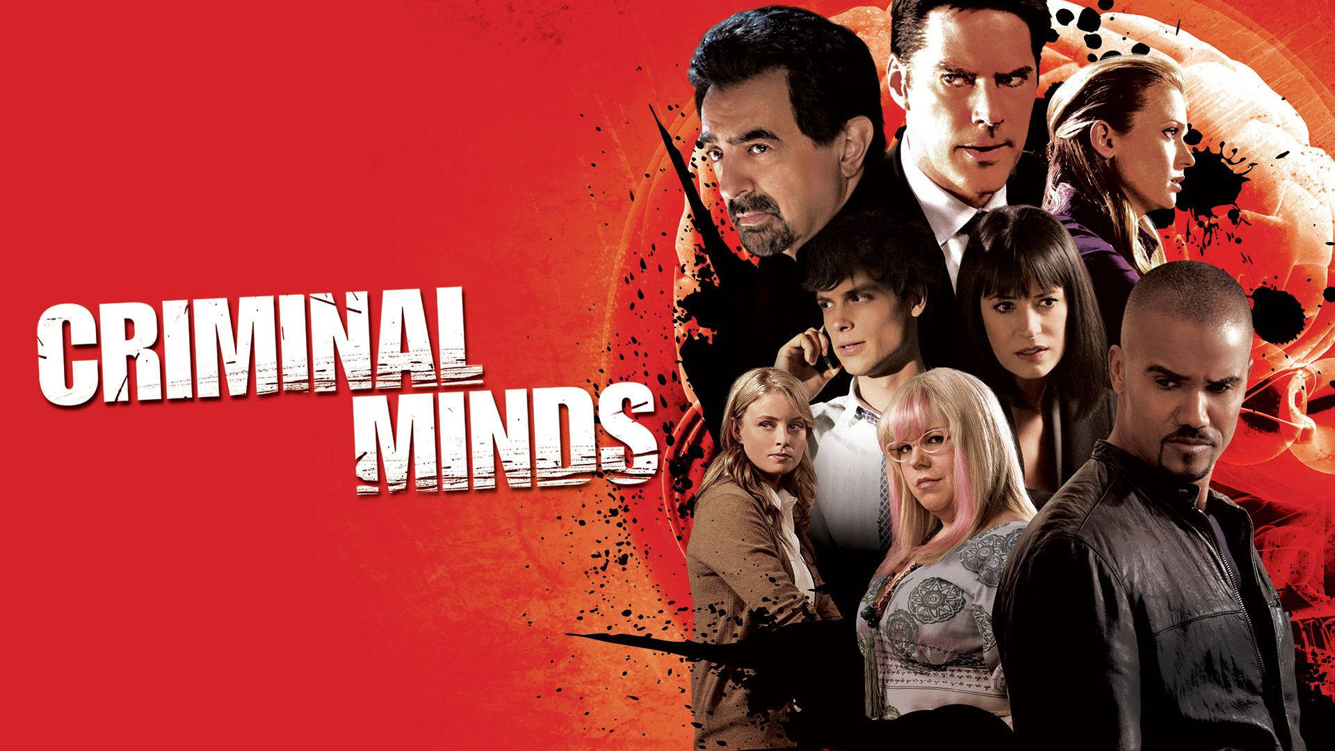 Entertainment 桌布 壁紙 — Criminal Minds 電視節目海報，以主要演員為特色，背景為大膽的紅色，帶有飛濺效果。