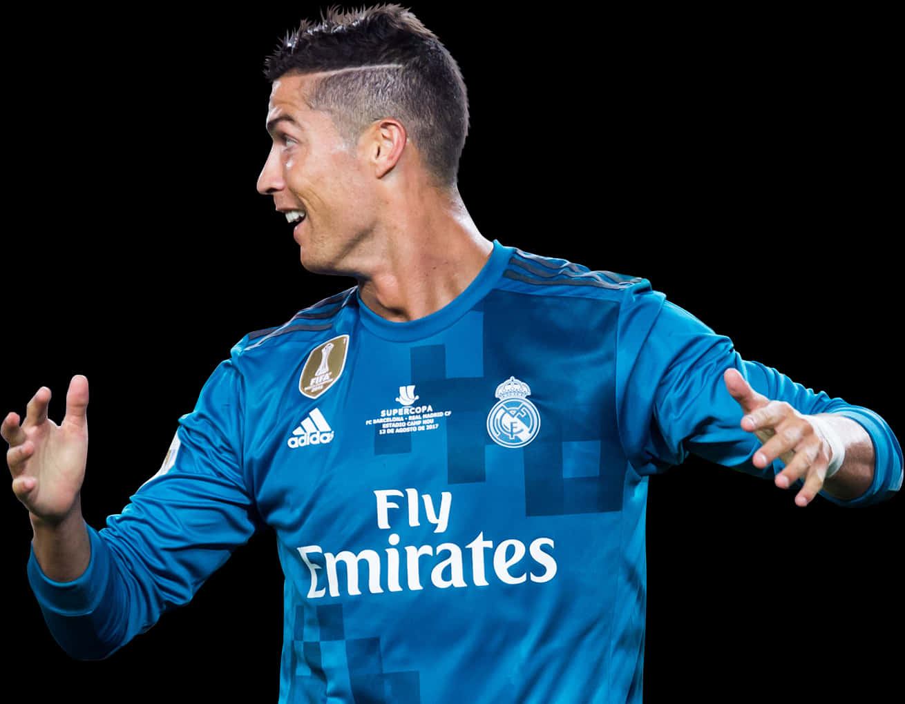 Real Madrid Cf 桌布 壁紙 — Cristiano Ronaldo 身穿藍色皇家馬德里球衣，在黑色背景下張開雙臂慶祝。