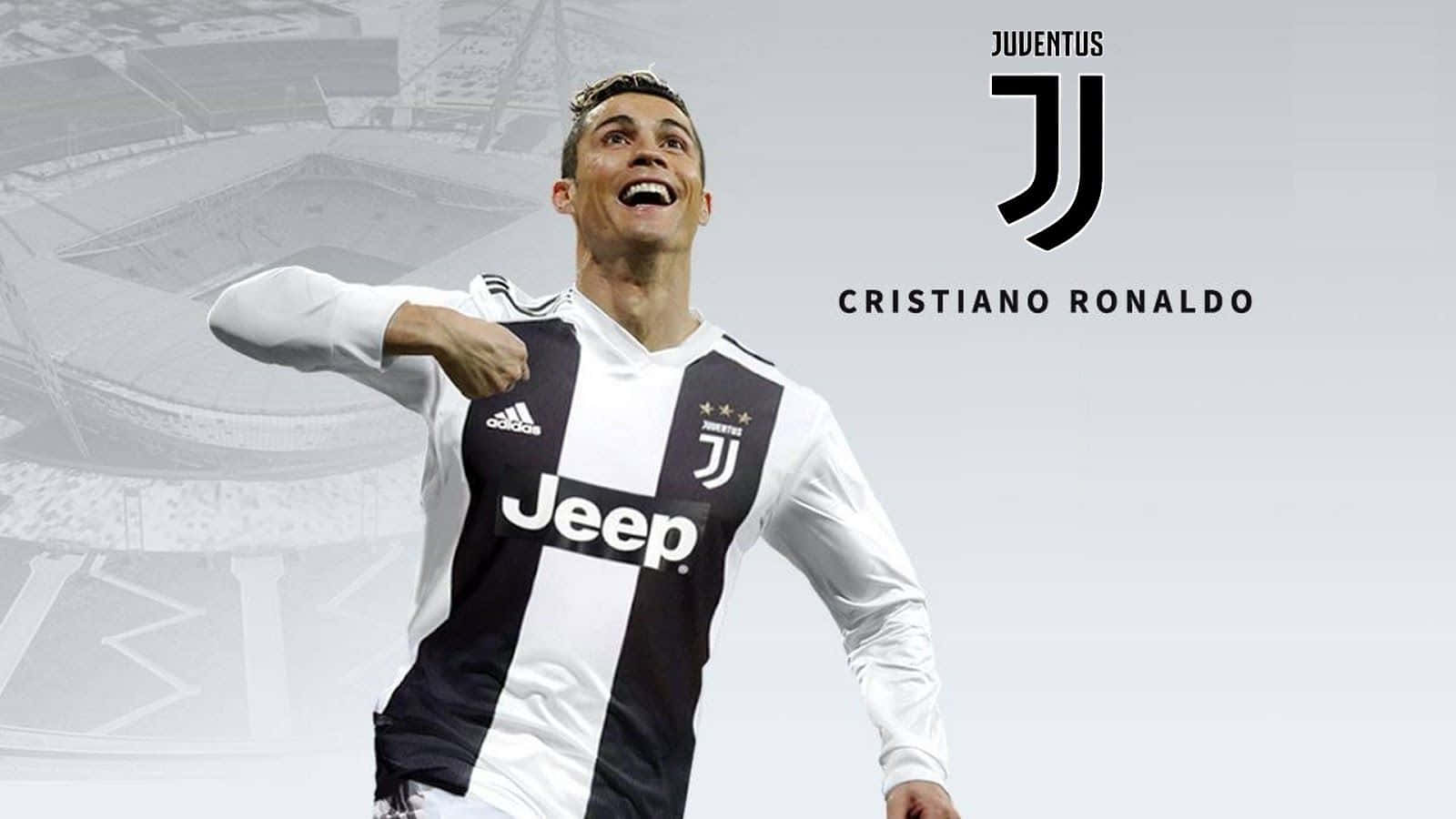 克里斯蒂亞諾·羅納度 桌布 壁紙 — Cristiano Ronaldo 身穿尤文圖斯球衣，在球場背景和球隊標誌下勝利慶祝。
