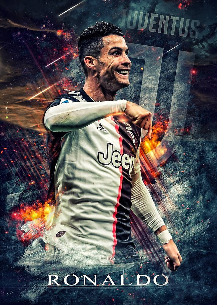 桌布 壁紙 — Cristiano Ronaldo 身穿尤文圖斯球衣，在熾熱的宇宙背景和發光粒子中勝利微笑。