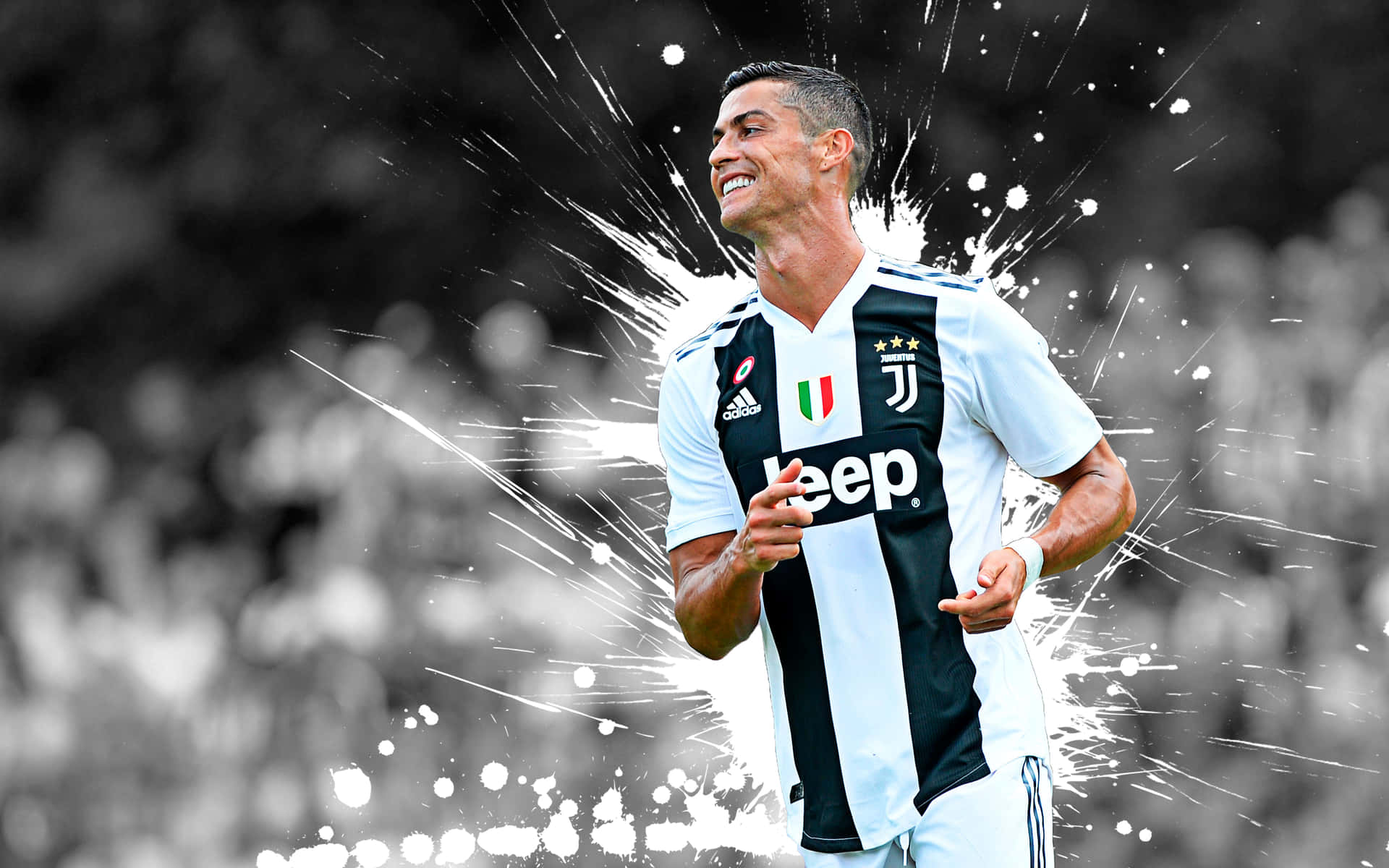 Cristiano Ronaldo 身穿尤文圖斯球衣，以油漆飛濺效果慶祝。 — Cristiano Ronaldo 足球 壁紙