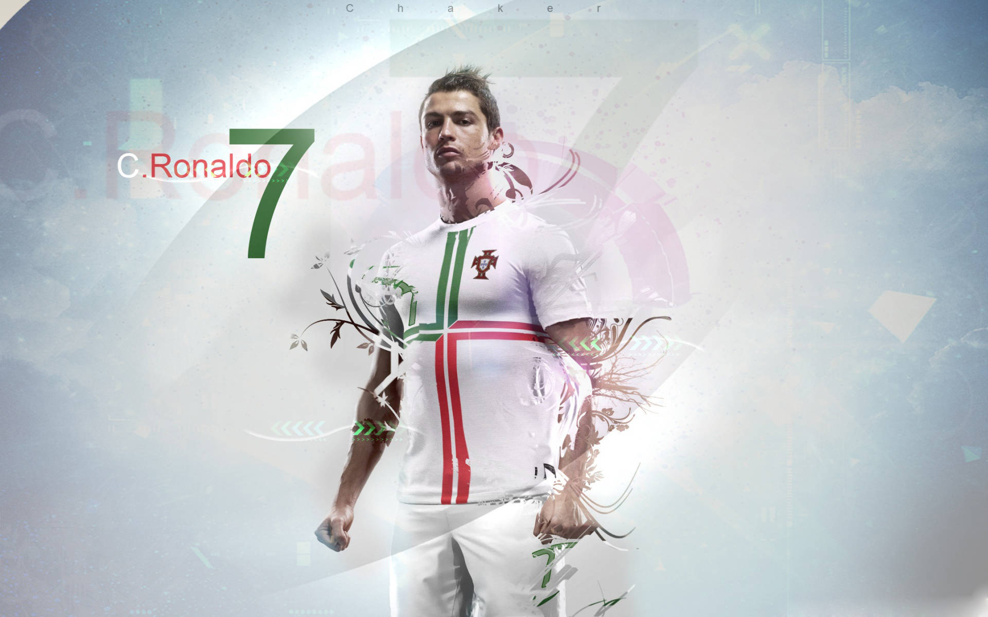 Cr7 桌布 壁紙 — Cristiano Ronaldo 身穿葡萄牙球衣，背號7號，自信地站在一個帶有花卉和幾何疊加的風格化抽象背景前。