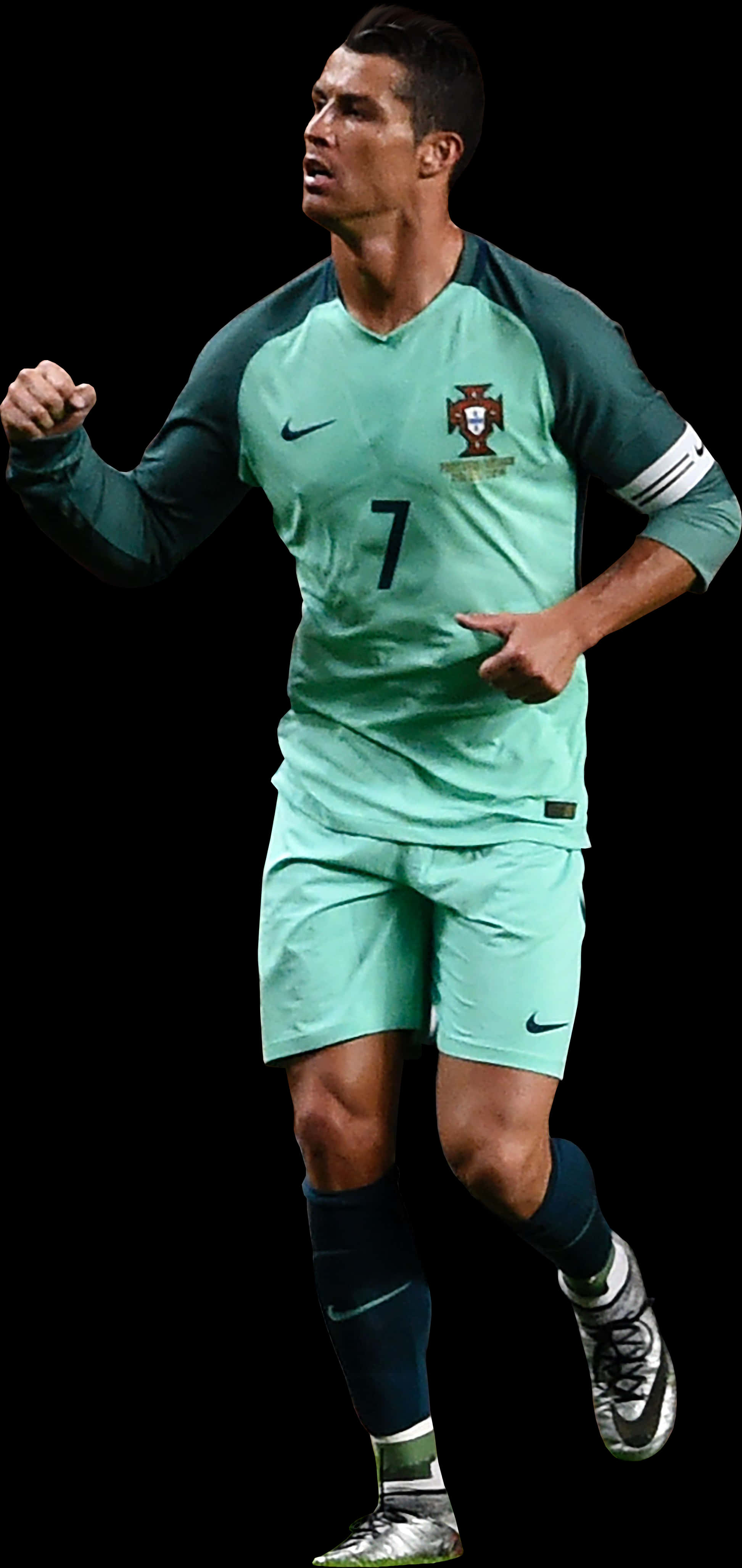 克里斯蒂亞諾·羅納度 桌布 壁紙 — Cristiano Ronaldo 身穿葡萄牙青綠色7號球衣，在黑色背景下動感慶祝。