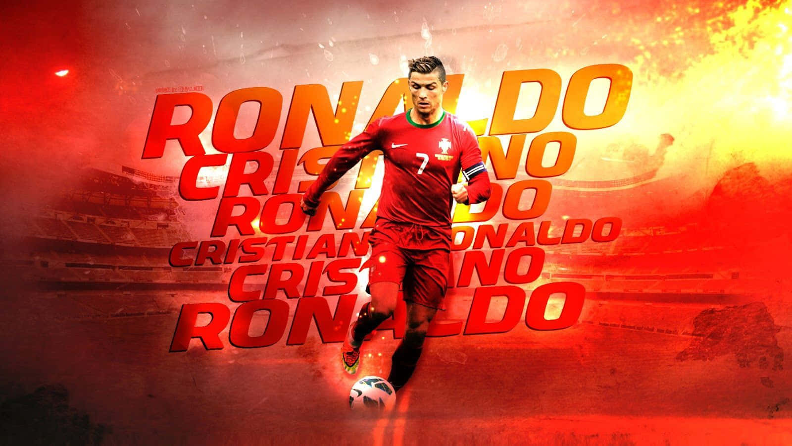 足球 桌布 壁紙 — Cristiano Ronaldo 身穿紅色葡萄牙球衣，在火紅橙色的球場背景下盤球，他的名字以粗體重複出現。