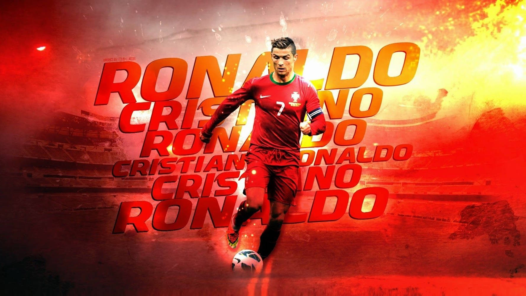 克里斯蒂亞諾·羅納度 桌布 壁紙 — Cristiano Ronaldo 身穿紅色葡萄牙球衣，在熾熱的紅橙色球場背景下盤球，他的名字以粗體文字重複出現。