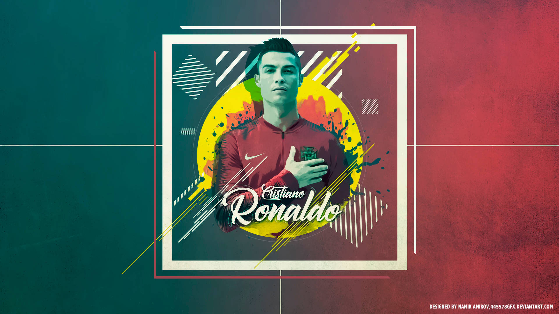 Ronaldo 桌布 壁紙 — Cristiano Ronaldo 身穿紅色運動外套，自信地站在充滿活力的幾何背景前，背景有鮮明的色彩飛濺和動態線條。