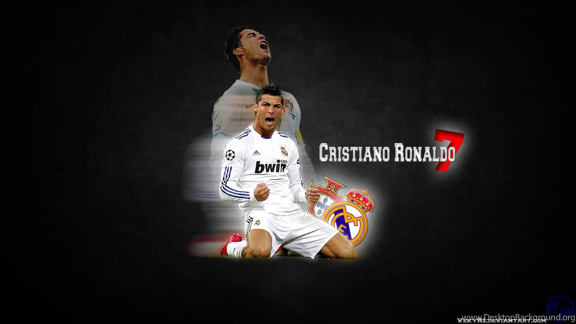 Cristiano Ronaldo 身穿白色皇家馬德里球衣，高舉雙臂慶祝勝利。 — 克里斯蒂亞諾·羅納度 壁紙