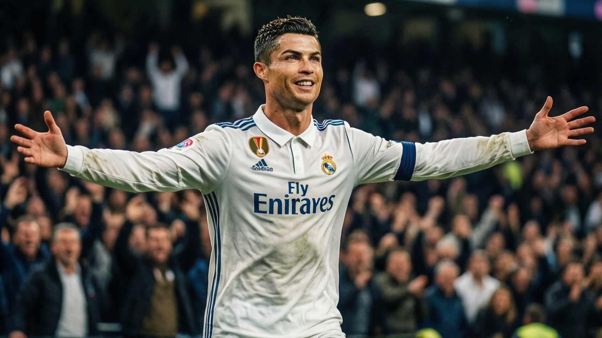 Ronaldo Celebration 壁紙 — Cristiano Ronaldo 身穿白色皇家馬德里球衣，在歡呼的人群前張開雙臂慶祝。
