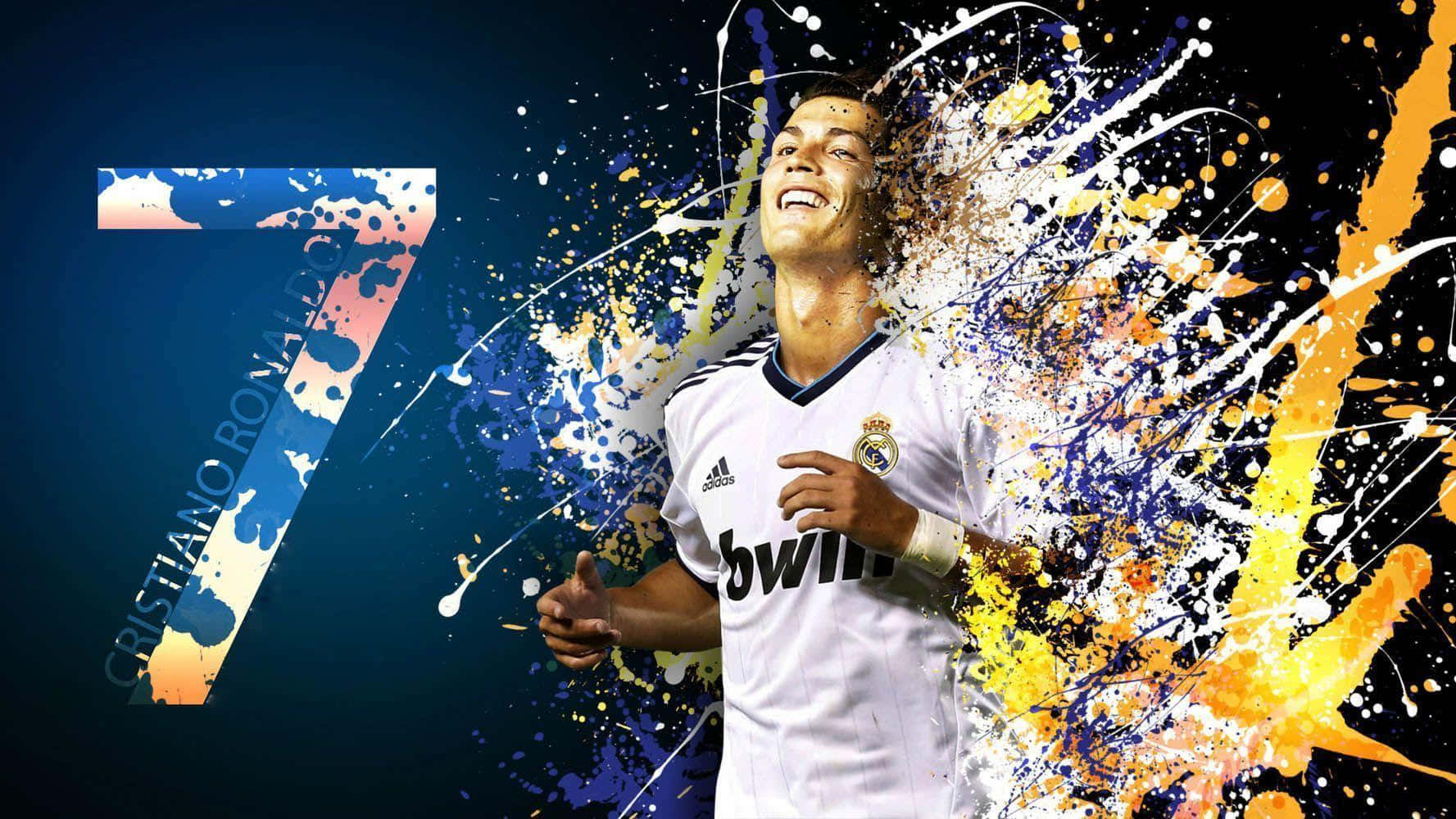 Cristiano Ronaldo 身穿皇家馬德里球衣慶祝，油漆飛濺在他周圍飛舞。 — Cristiano Ronaldo 足球 壁紙