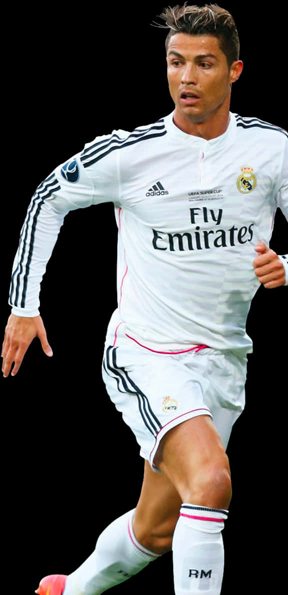 克里斯蒂亞諾·羅納度 桌布 壁紙 — Cristiano Ronaldo 身穿白色皇家馬德里球衣，在黑色背景下動態衝刺。