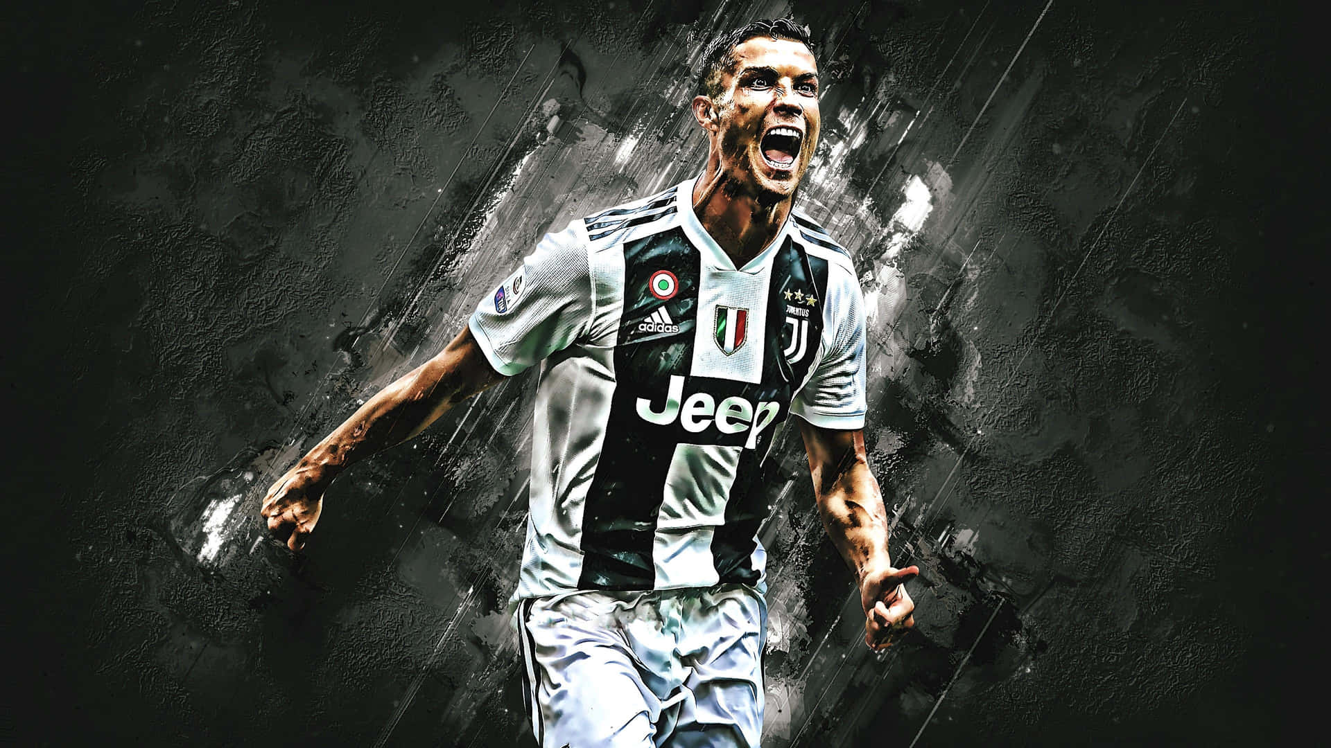 克里斯蒂亞諾·羅納度身穿尤文圖斯球衣，張開雙臂和張嘴慶祝。 — Cristiano Ronaldo 足球 壁紙