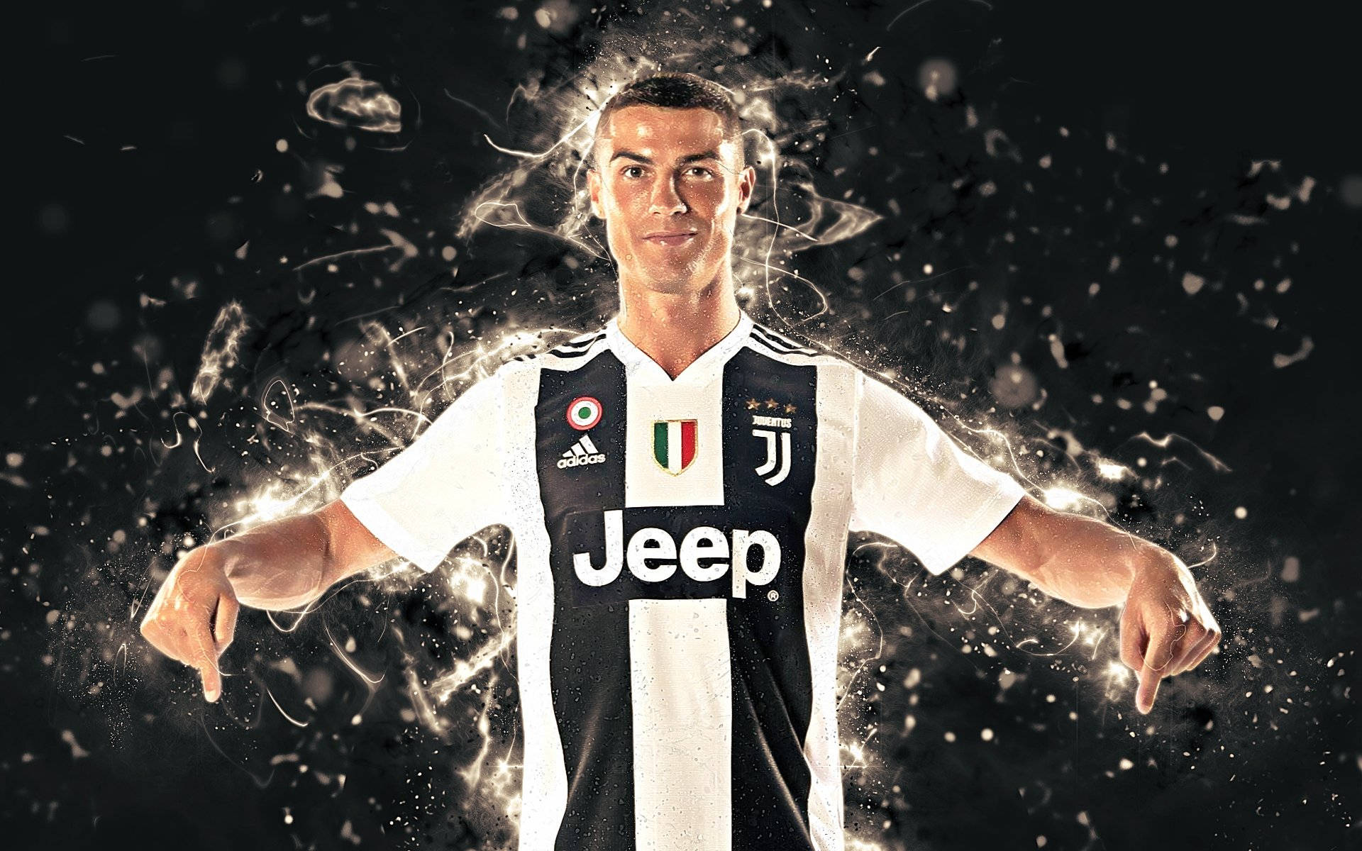 桌布 壁紙 — Cristiano Ronaldo 身穿尤文圖斯球衣，在黑暗背景中被發光粒子包圍。