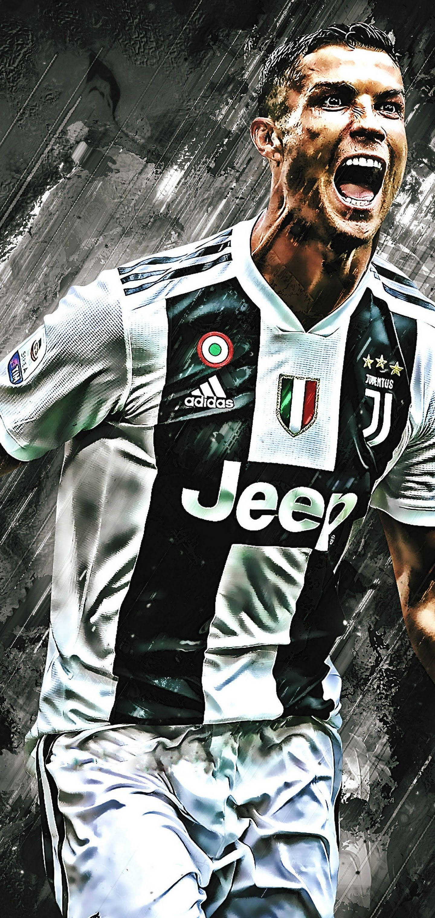 克里斯蒂亞諾·羅納度 桌布 壁紙 — Cristiano Ronaldo 身穿尤文圖斯球衣，在粗糙紋理背景前激烈咆哮的動態數位藝術肖像。