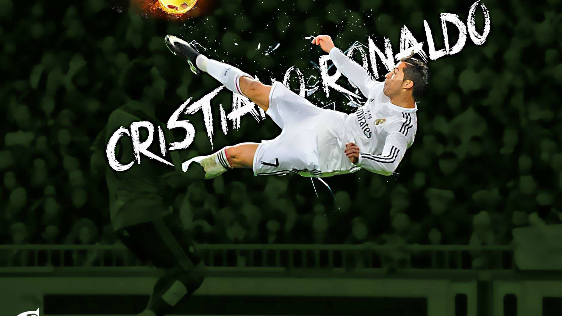 桌布 壁紙 — Cristiano Ronaldo 身穿白色球衣在半空中踢足球，搭配戲劇性的動態圖形和粗體文字疊加。