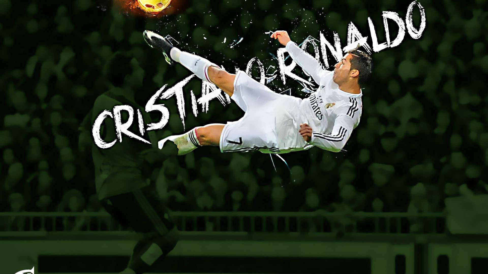 Ronaldo 桌布 壁紙 — Cristiano Ronaldo 身穿白色球衣在空中以戲劇性的動作擊球，背景是模糊的球場人群。
