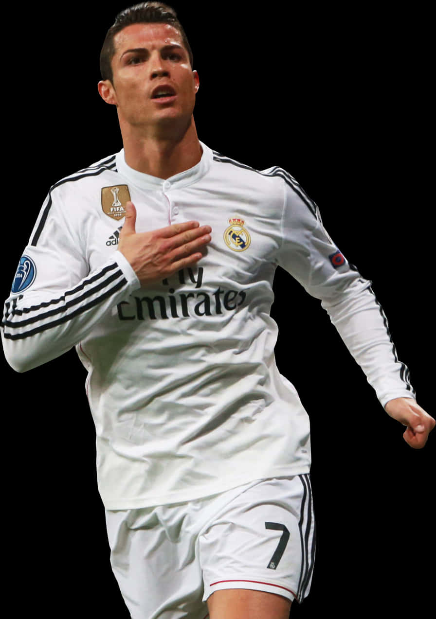 Cristiano Ronaldo 身穿白色皇家馬德里球衣，手放在胸前。 — 足球 壁紙