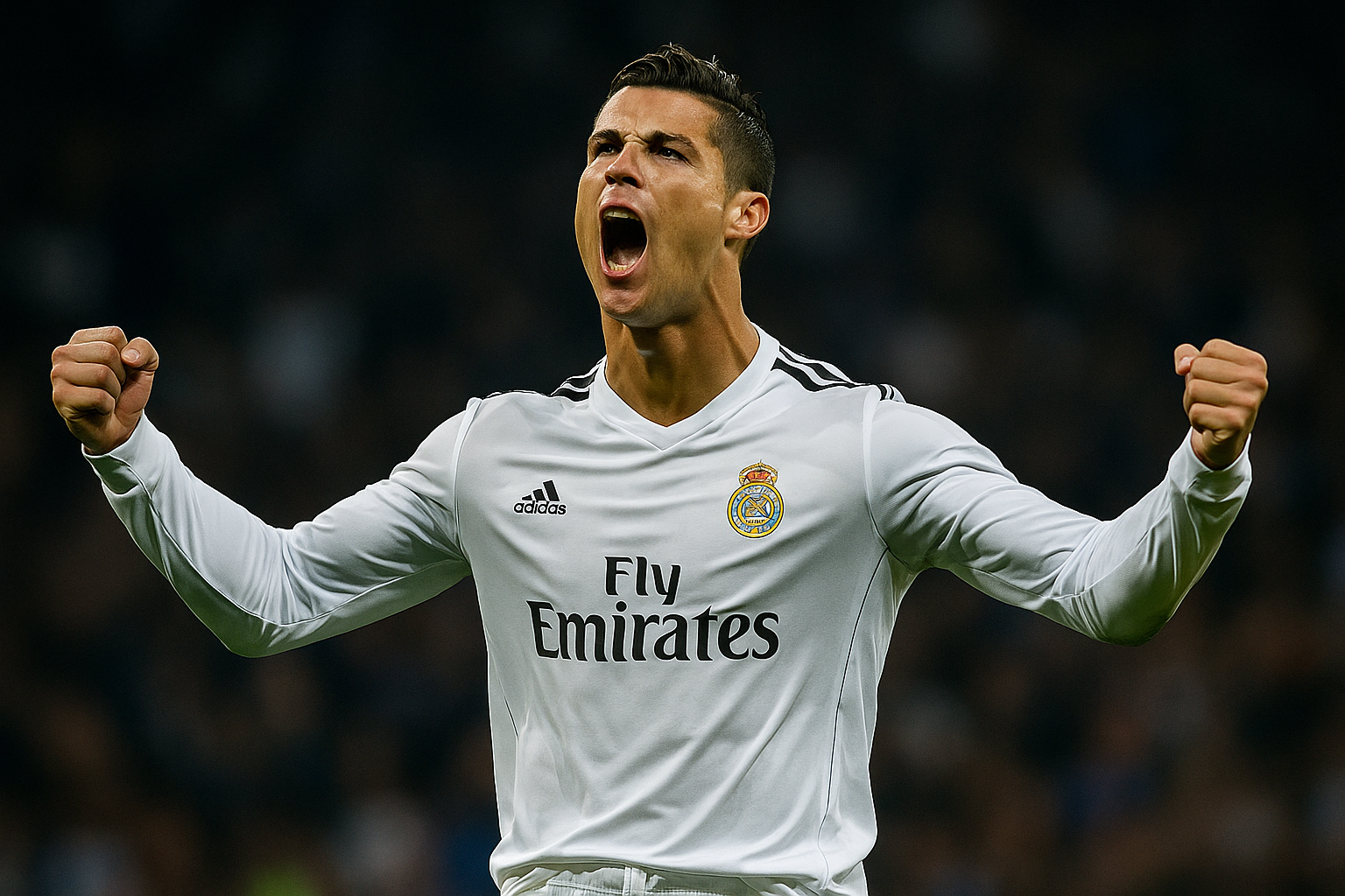 Cristiano Ronaldo HD 4K 桌布 壁紙 — Cristiano Ronaldo 身穿白色皇家馬德里球衣，在球場燈光下舉起拳頭張開嘴巴慶祝。
