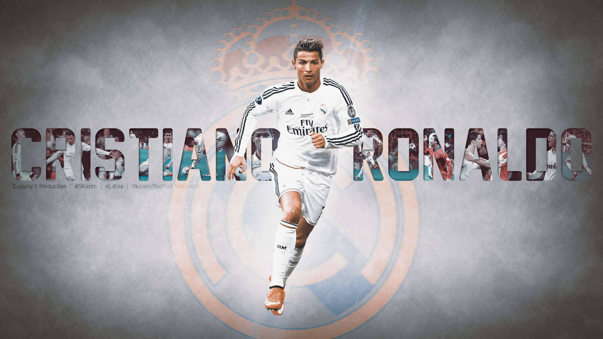 桌布 壁紙 — Cristiano Ronaldo 身穿白色皇家馬德里球衣，在煙霧灰色背景上動態跳躍，背後有他的名字和俱樂部徽章。