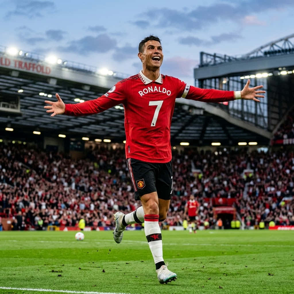 Cristiano Ronaldo 在老特拉福德球場身穿紅色7號球衣慶祝進球。