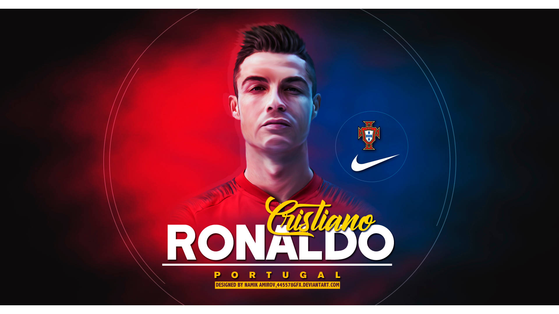 Ronaldo 桌布 壁紙 — Cristiano Ronaldo 身穿紅色葡萄牙球衣，背景為戲劇性的紅藍漸變，帶有國家徽章和Nike標誌。