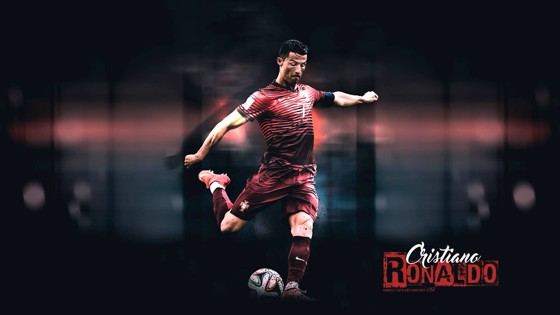 Ronaldo 桌布 壁紙 — Cristiano Ronaldo 身穿栗色球衣，在戲劇性的紅色燈光下，於黑暗模糊的球場背景中進行中距離射門。