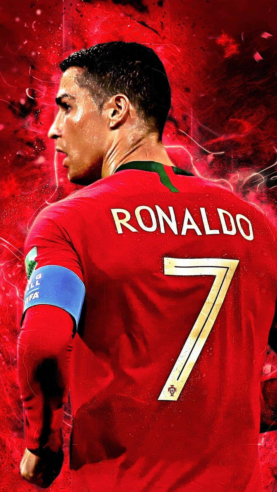  壁紙 — Cristiano Ronaldo 身穿葡萄牙紅色7號球衣，站在充滿電能效果的動態紅色抽象背景中。