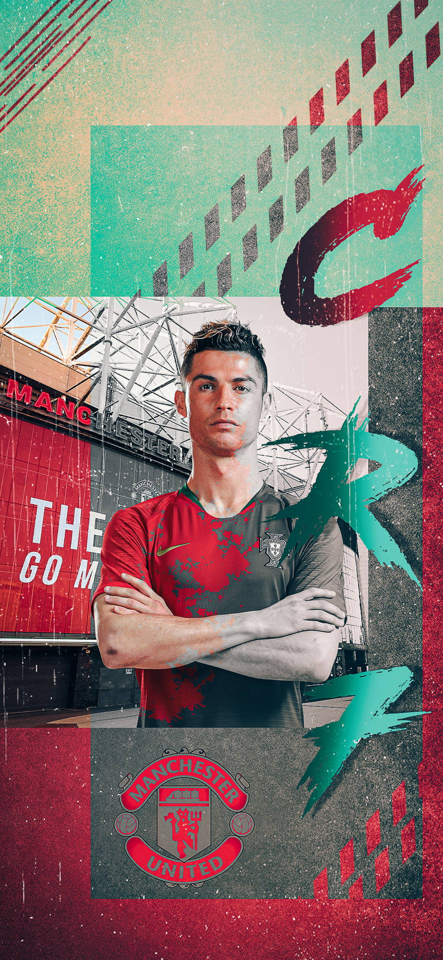 Cristiano Ronaldo 身穿曼聯球衣，背景為球場和圖形設計元素。 — 曼聯 壁紙