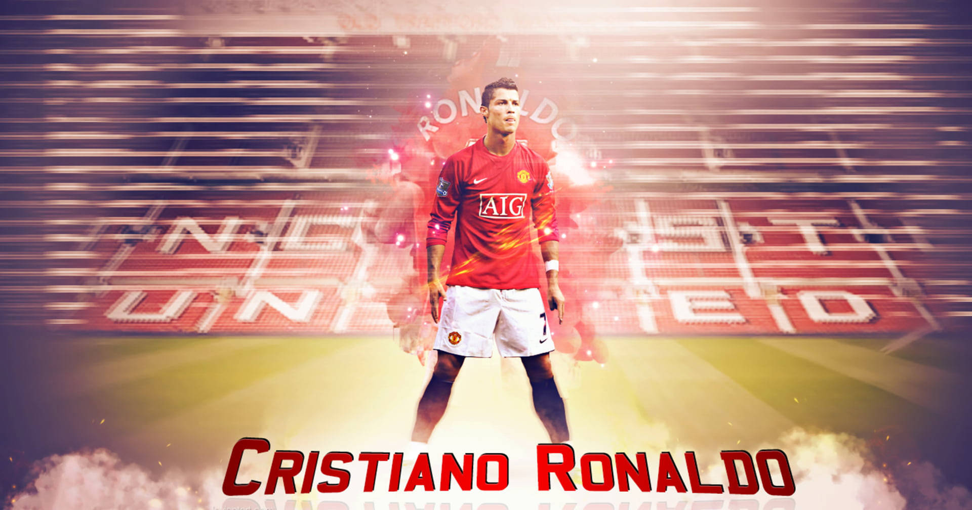 Cristiano Ronaldo 穿著曼聯球衣在發光的足球場上。 — 克里斯蒂亞諾·羅納度 曼聯 壁紙