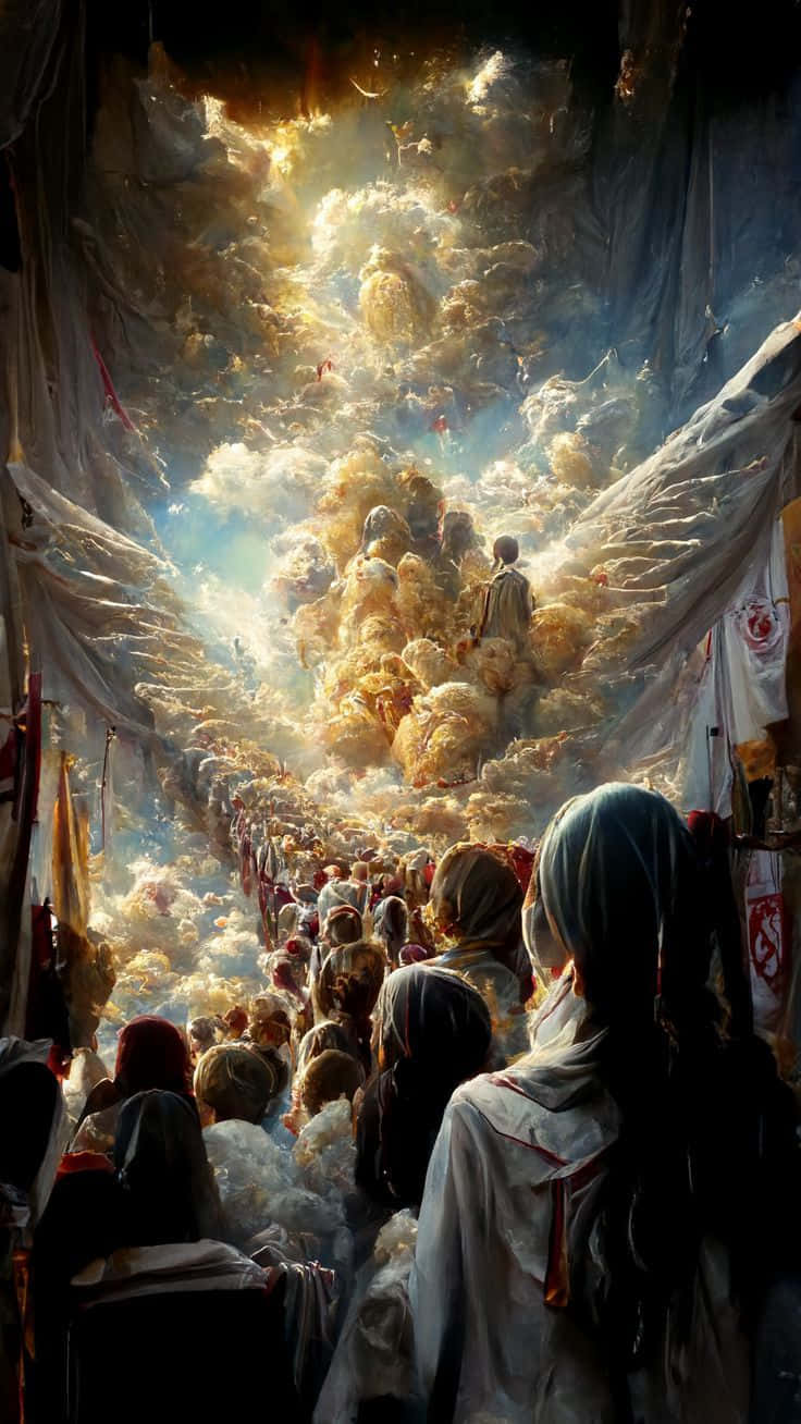  壁紙 — 一群身穿白袍的人們，穿過一個像大教堂的開口，仰望充滿雲彩和漂浮人物的燦爛金色天空。