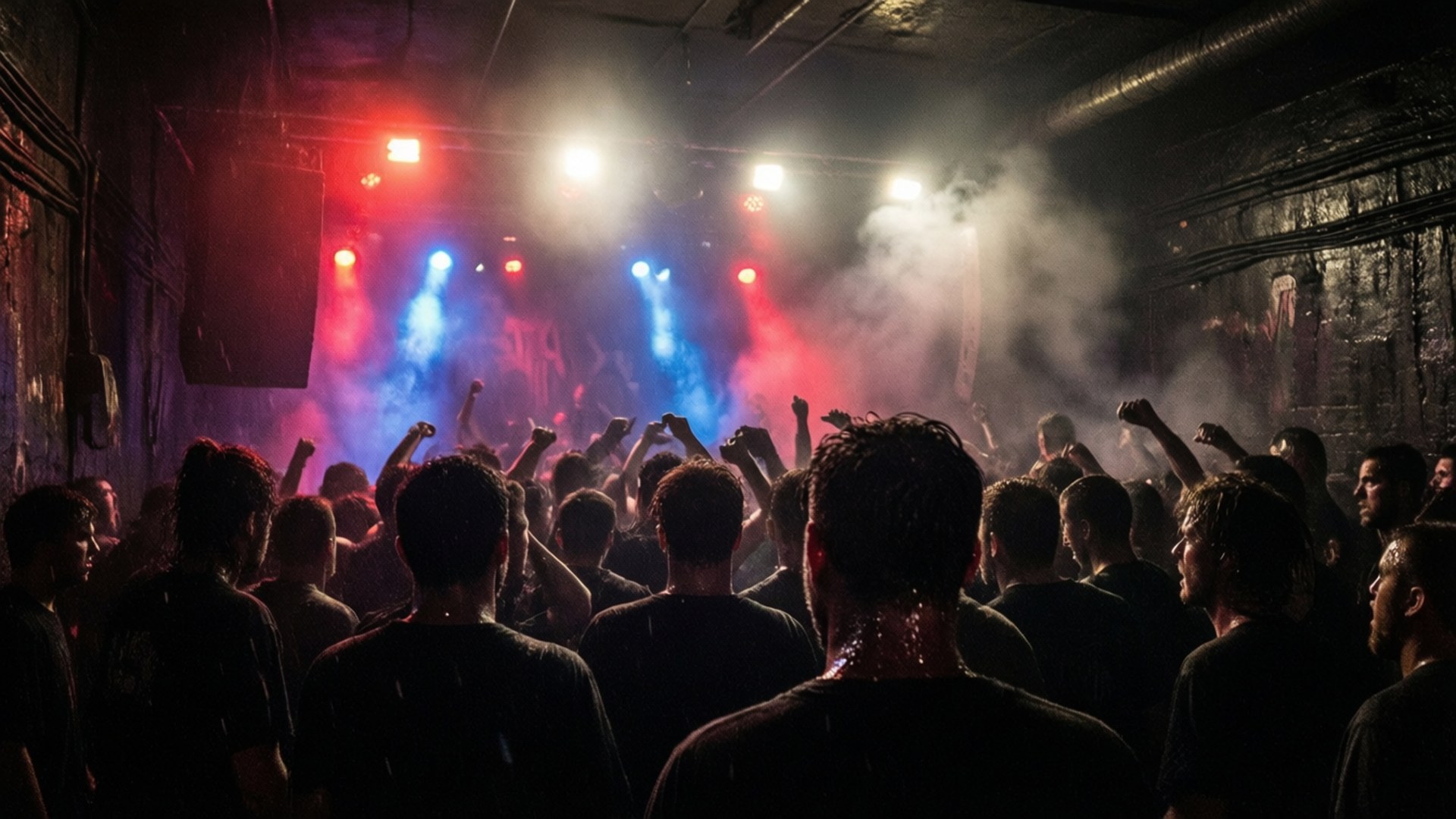 Underground Mosh 壁紙 — 人群高舉雙臂，在煙霧瀰漫昏暗的俱樂部中，於紅色和藍色舞台燈光下跳舞。