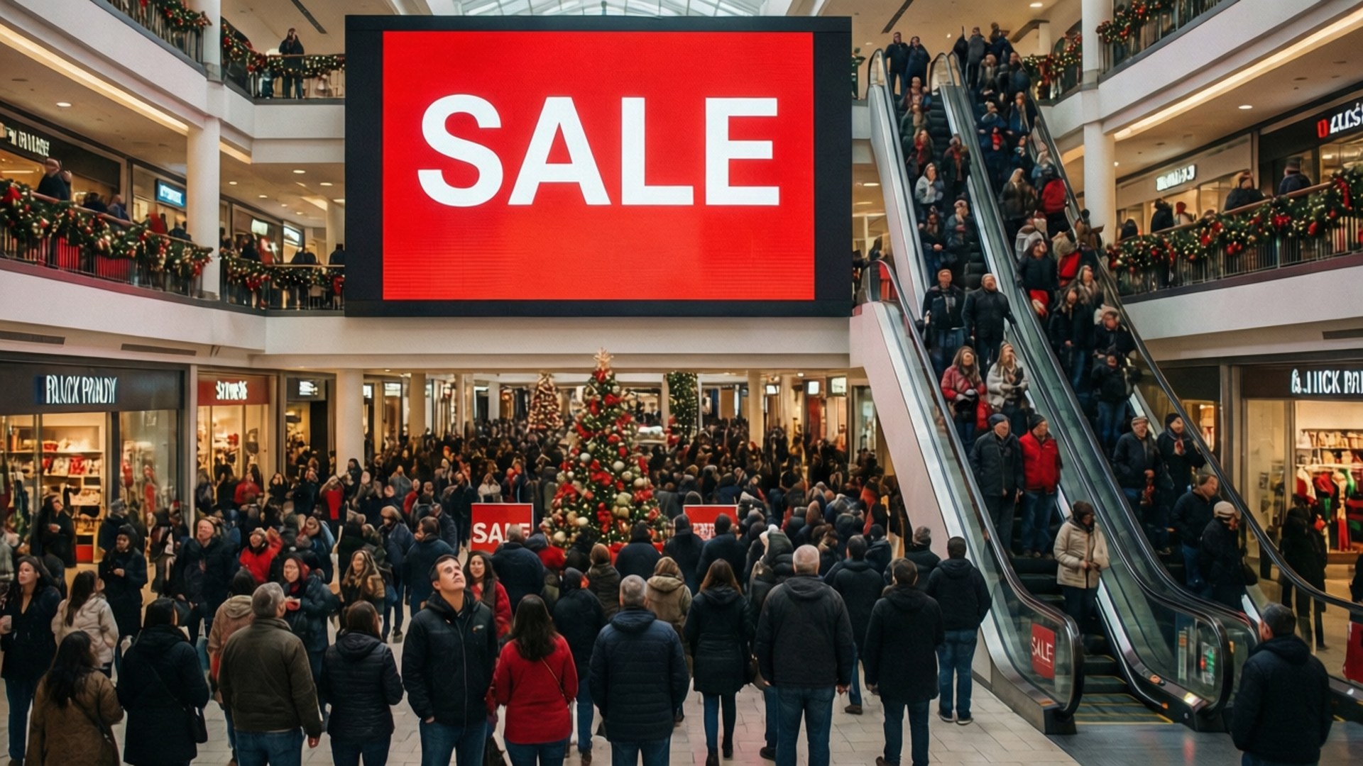 Mall Black Friday Crowd 壁紙 — 人群湧過節日氣氛濃厚的購物中心，下方是巨大的紅色SALE標誌，有聖誕樹和自動扶梯。