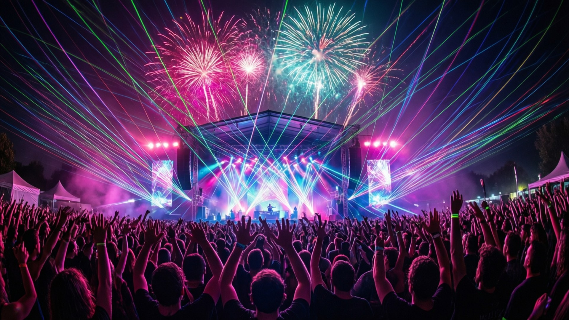 Southside Festival 桌布 壁紙 — 人群在璀璨煙火和雷射燈光下湧動，於充滿活力的夜間音樂節中。