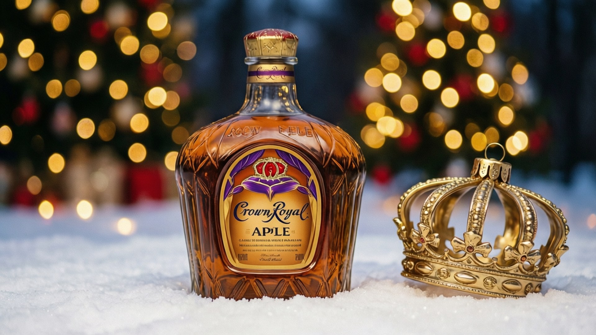 桌布 壁紙 — 一瓶 Crown Royal Apple 威士忌和一個金色皇冠放在雪中，背景是模糊的聖誕燈飾。