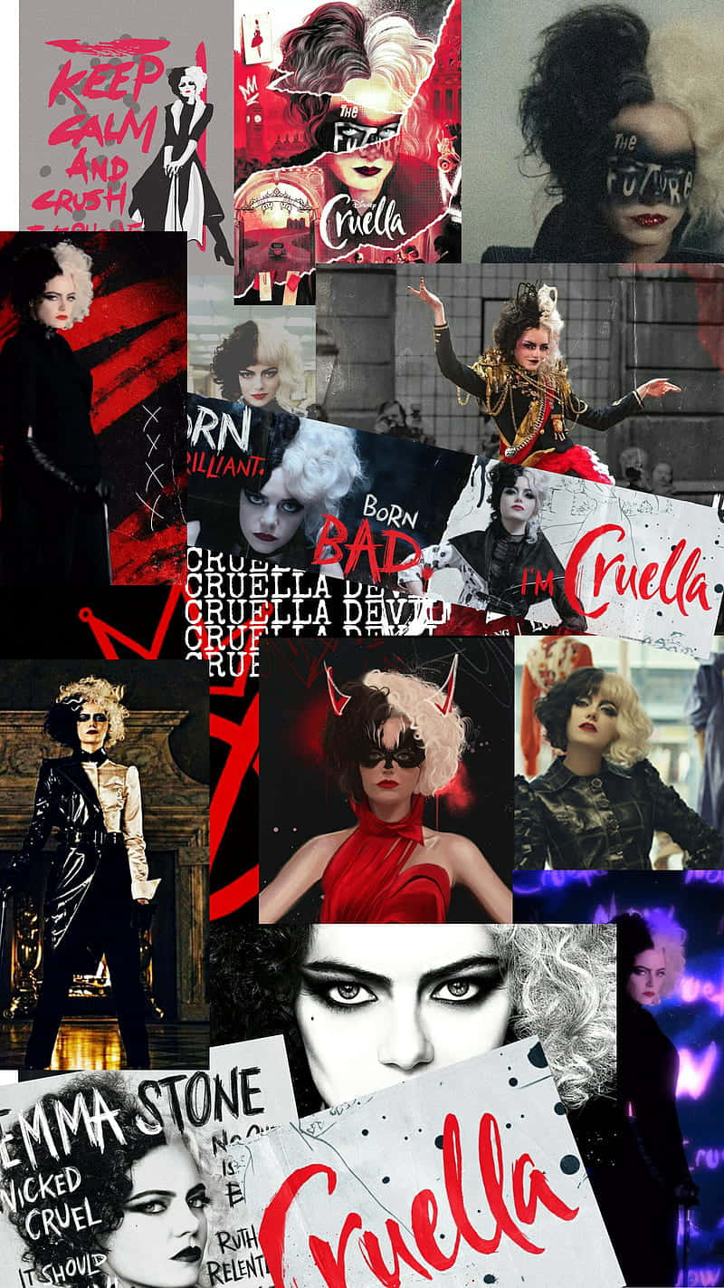 Cruella 桌布 壁紙 — Cruella de Vil 的鮮明拼貼，展示各種大膽服裝和姿勢，並有紅色文字疊加。