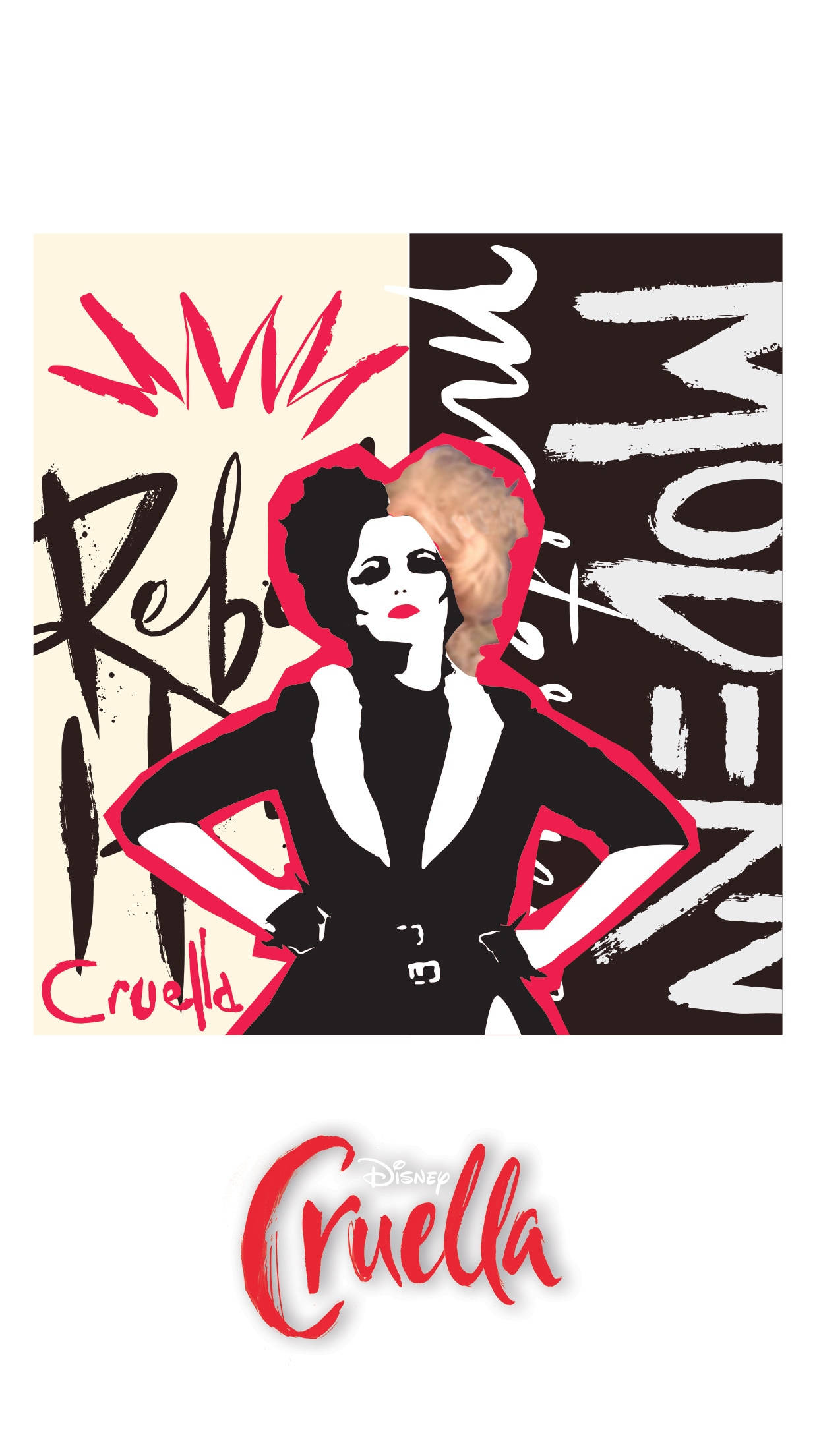 Cruella 桌布 壁紙 — Cruella de Vil 的風格化插圖，身穿黑色連衣裙，紅色輪廓，自信地站在米色和黑色分割的背景上，帶有塗鴉風格文字。