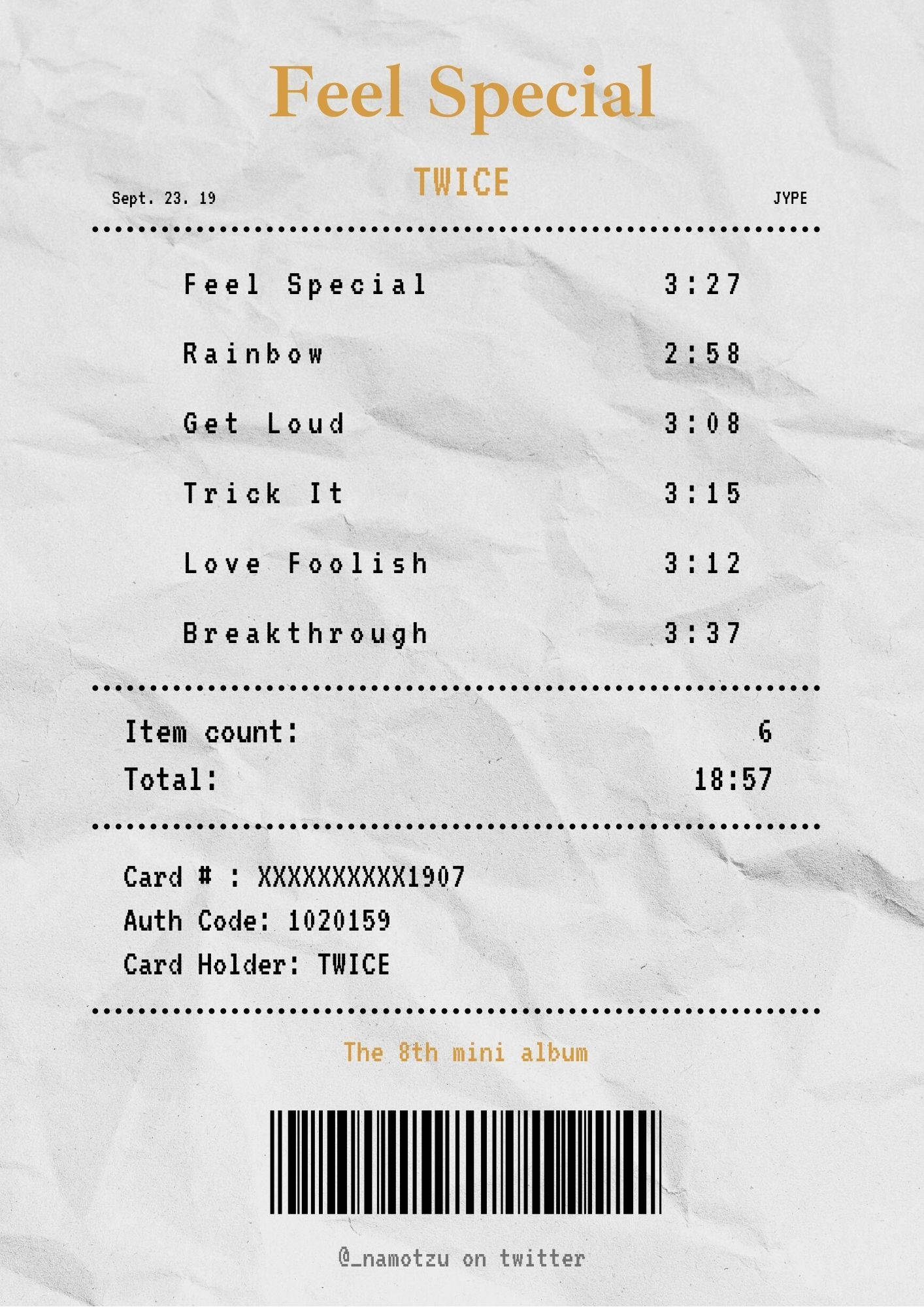 paper 桌布 壁紙 — TWICE《Feel Special》的皺巴巴收據風格專輯曲目列表，附有條碼和藝人詳細資料。