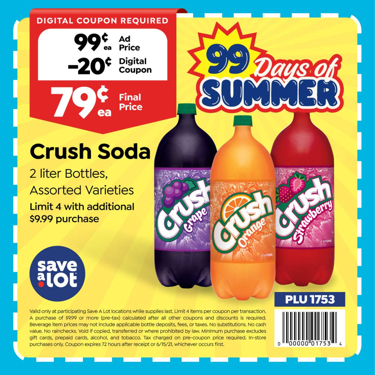 drinks 桌布 壁紙 — Crush Soda 的鮮豔廣告，展示三個色彩繽紛的 2 公升瓶子，背景為明亮的黃色，並附有促銷價格詳情。