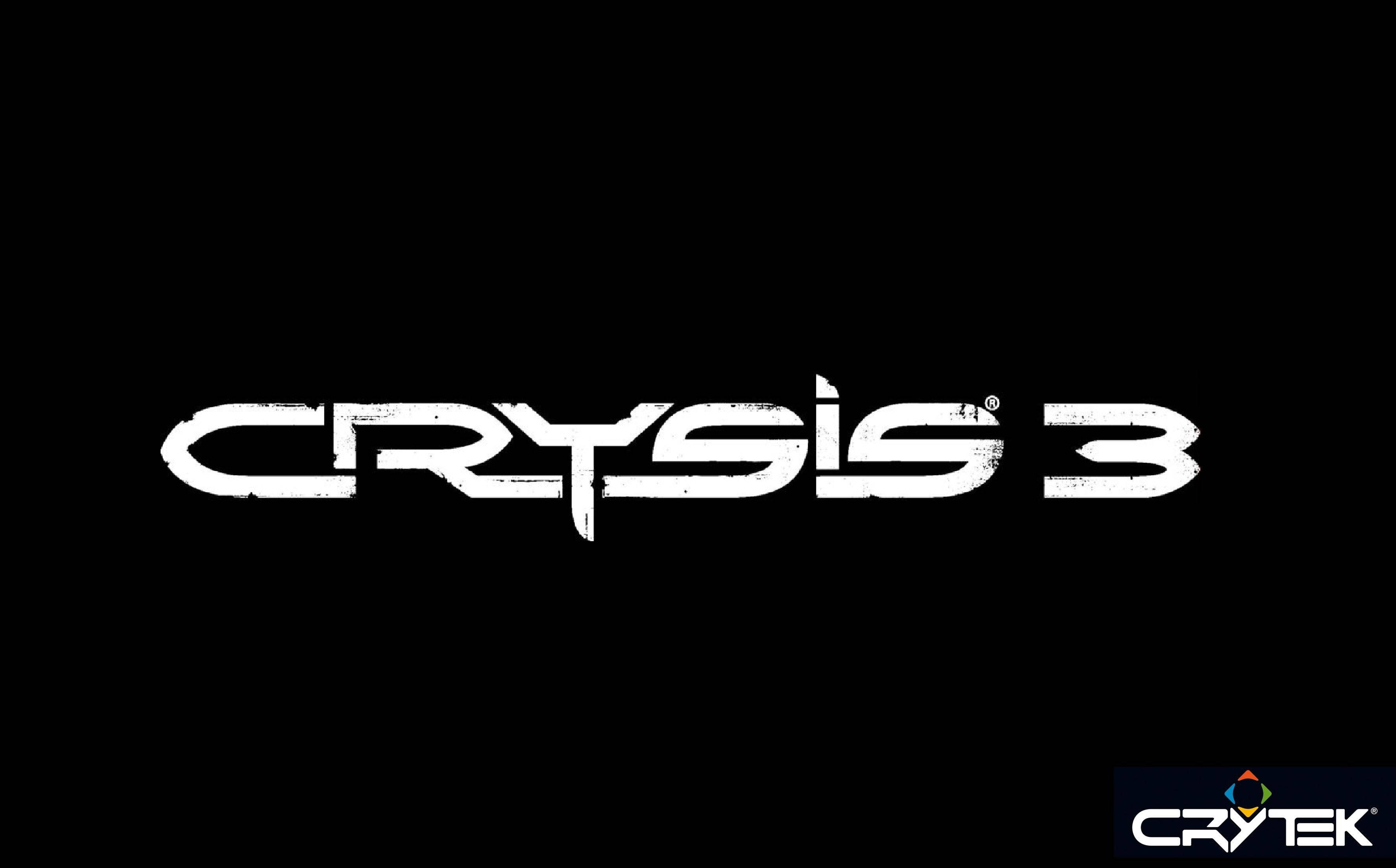 crysis 3 4K 桌布 壁紙 — Crysis 3 標誌以磨損的白色字體居中顯示在黑色背景上，右下角有 Crytek 標誌。