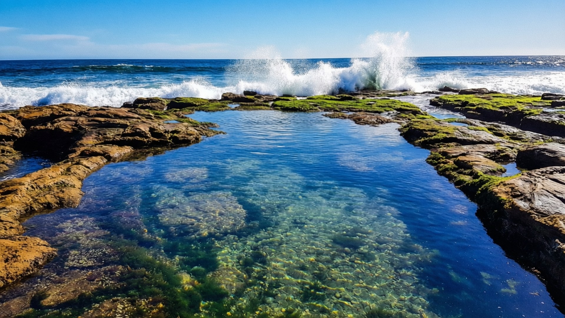 Cronulla Rock Pool 壁紙 — 清澈碧綠的潮汐池，藏在長滿苔蘚的棕色岩石之間，背景是洶湧的海浪和明亮的藍天。