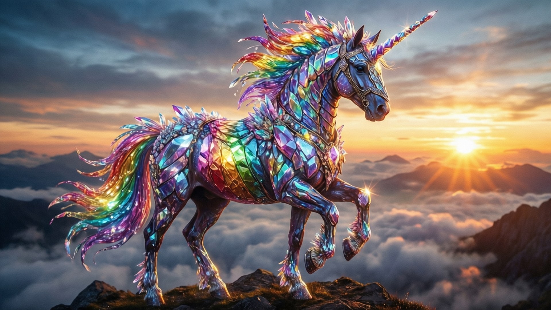 Crystal Armor 壁紙 — 一隻水晶彩虹獨角獸站在山頂上，日出時分，下方有雲，遠方有山。