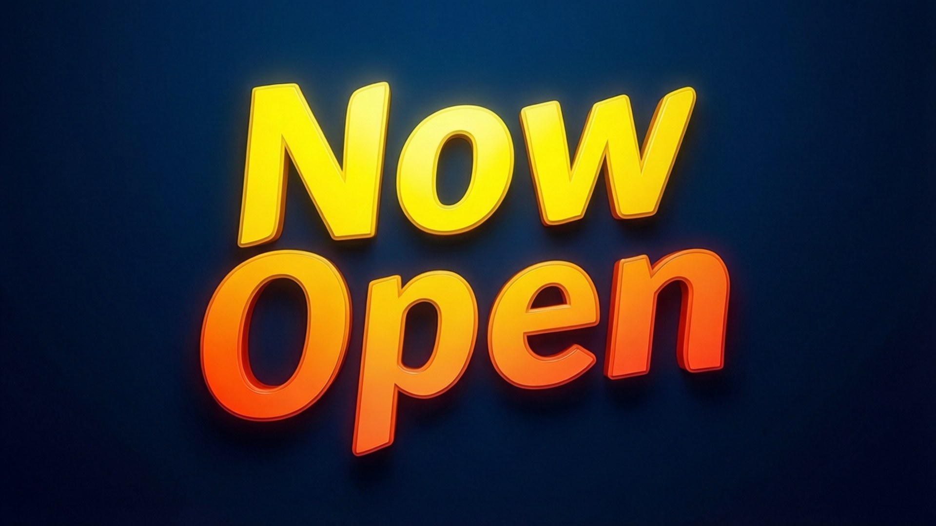 桌布 壁紙 — 粗體3D文字「Now Open」在深藍色背景上散發溫暖光芒，帶有柔和陰影。