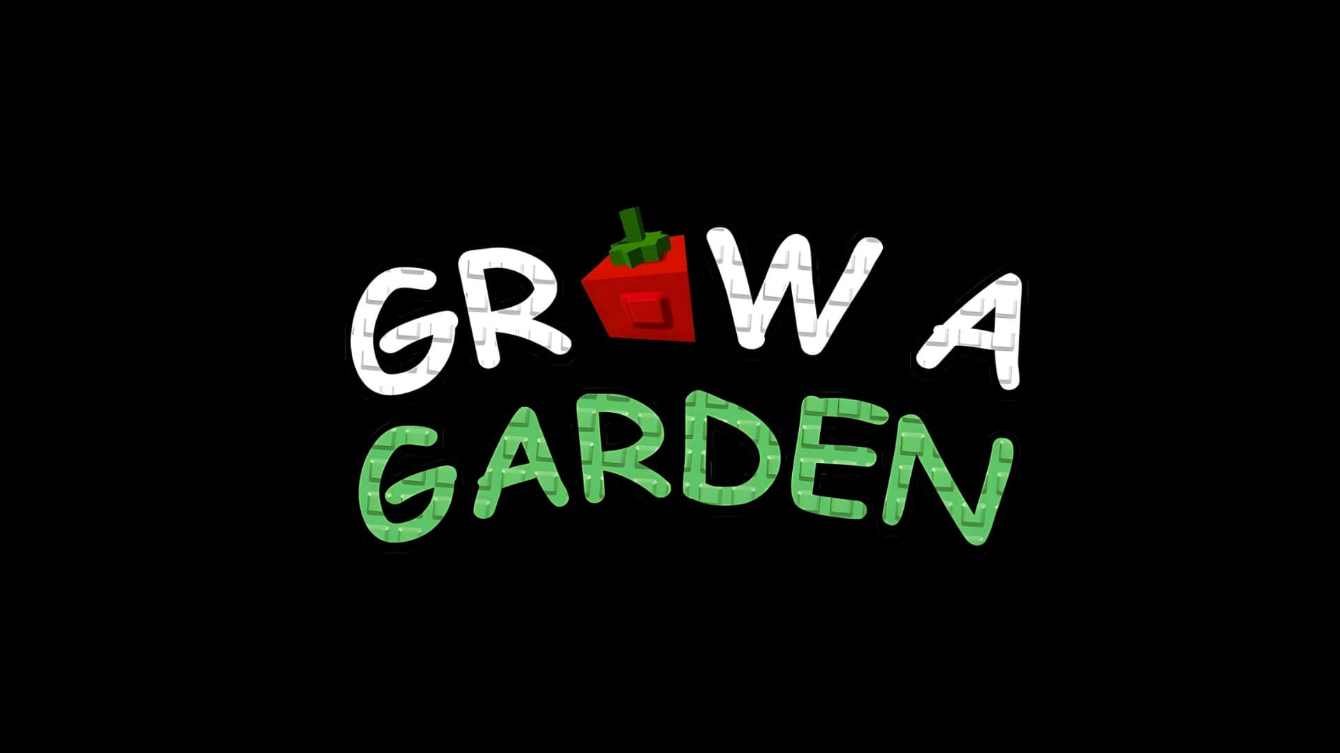  壁紙 — 粗體白色和綠色塊狀文字顯示「GROW A GARDEN」，其中一個紅色番茄取代了「O」，背景為黑色。