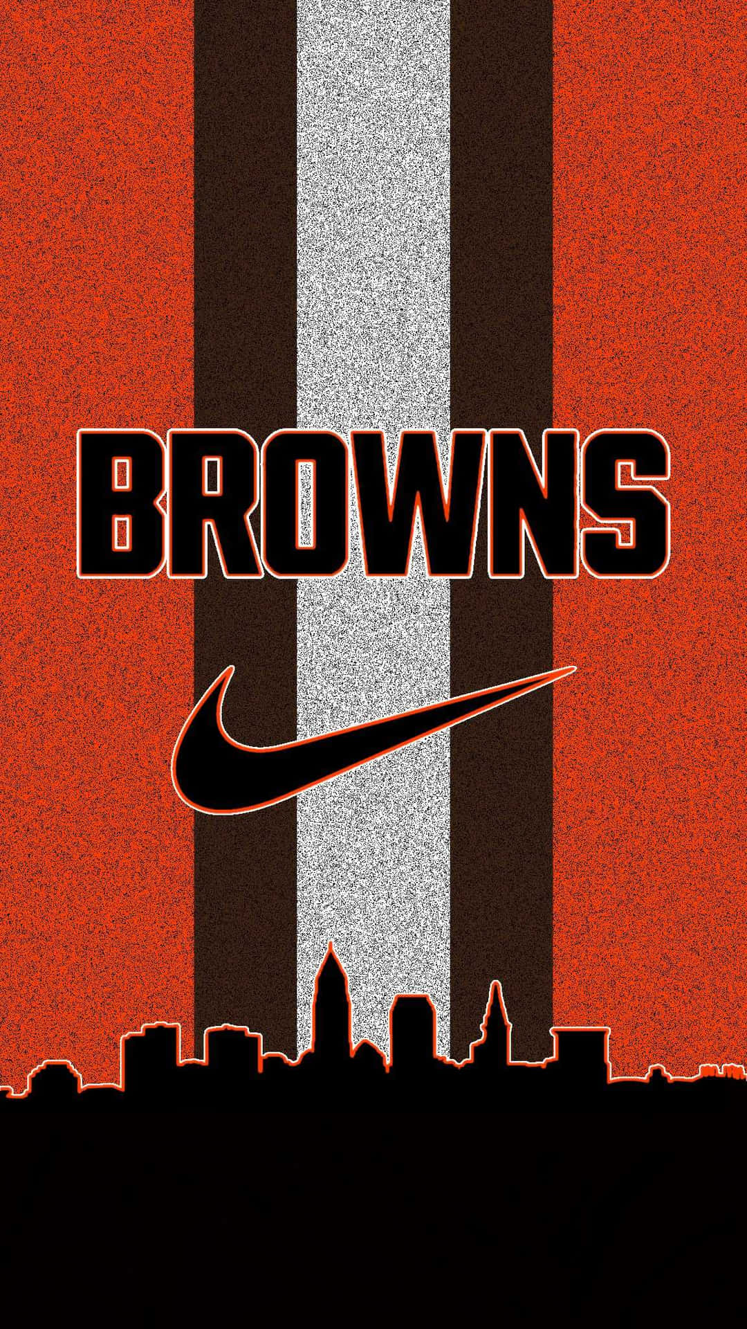  壁紙 — 粗體 'BROWNS' 文字，搭配Nike勾勾，置於垂直條紋之上，下方為城市天際線剪影。