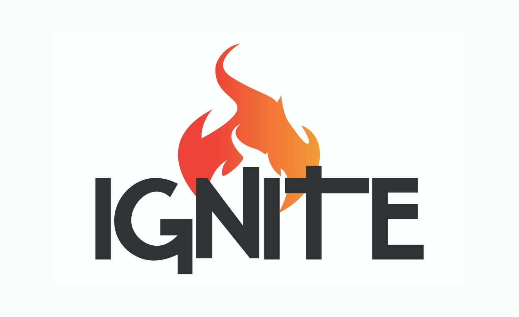  壁紙 — 粗體黑色文字 IGNITE，上方帶有風格化的橙色和紅色火焰圖形，背景為純白色。