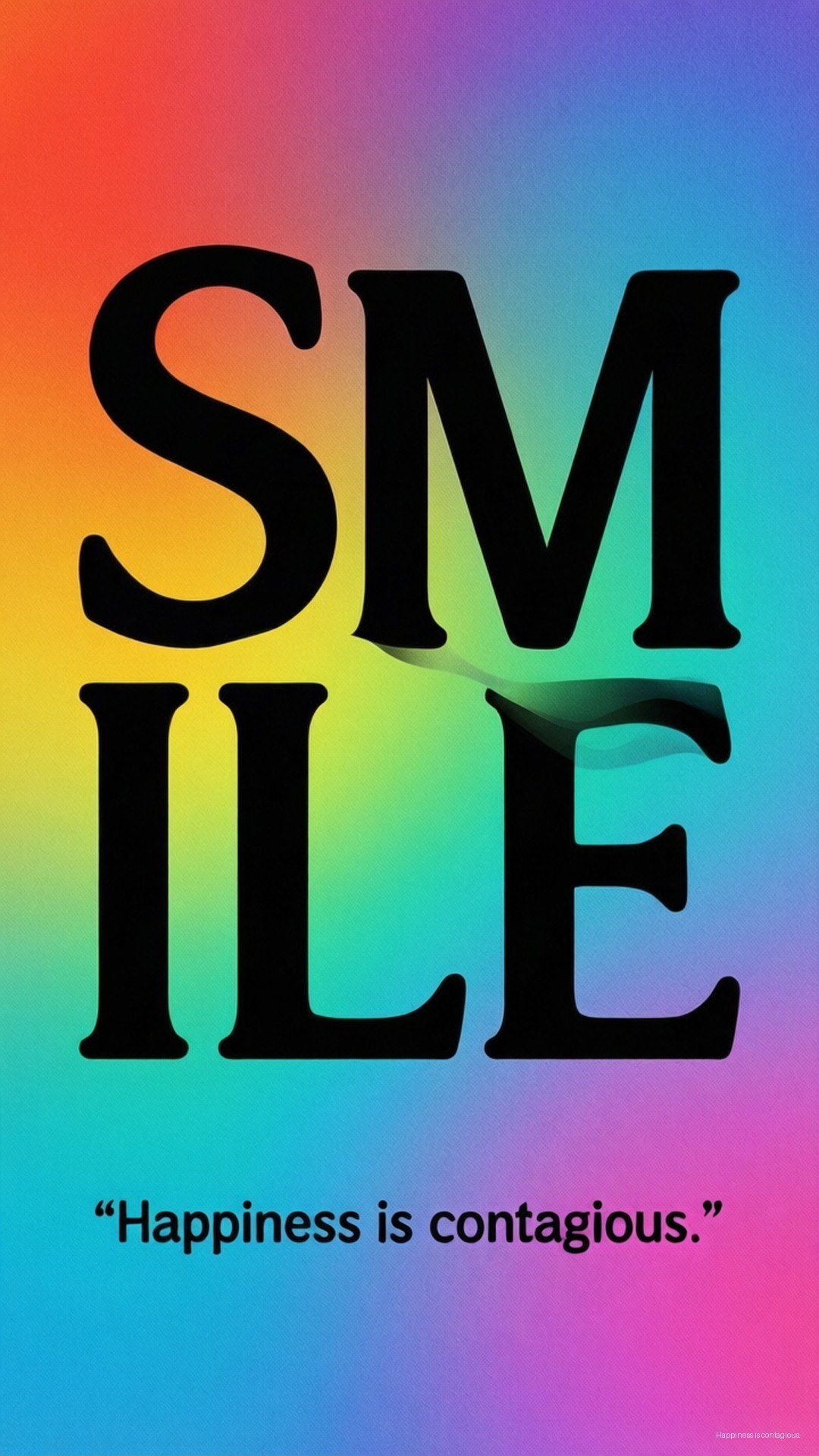 Smile Typography Quote 壁紙 — 粗體黑色文字拼出SMILE，主導充滿活力的彩虹漸變背景，下方有引言happiness is contagious。