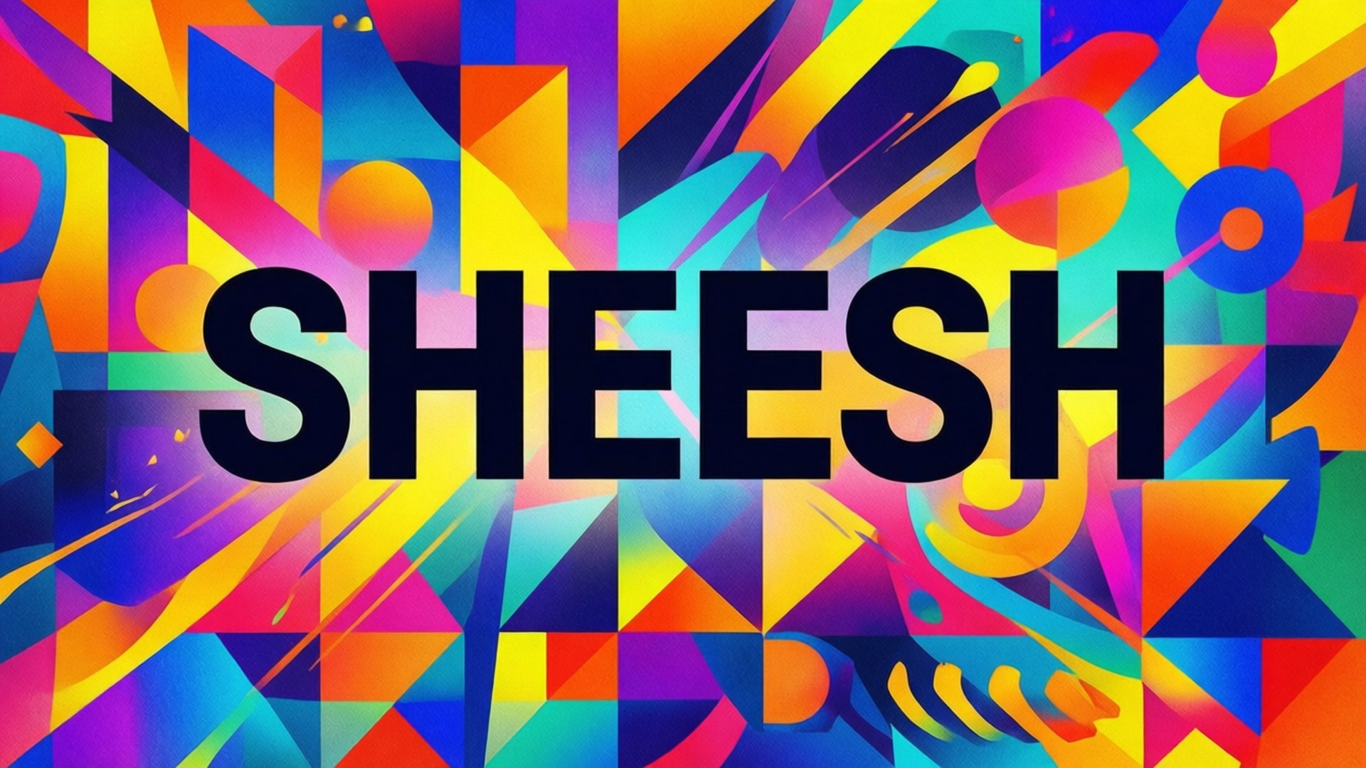 Sheesh Abstract Art 壁紙 — 粗體黑色文字 SHEESH 主導了一個充滿活力的抽象背景，背景由電光藍、粉紅、黃和橙色的幾何形狀組成。