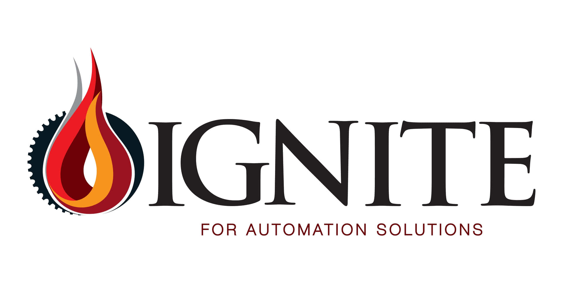  壁紙 — 粗體黑色文字在齒輪中出現的風格化火焰旁邊寫著「IGNITE」用於自動化解決方案。