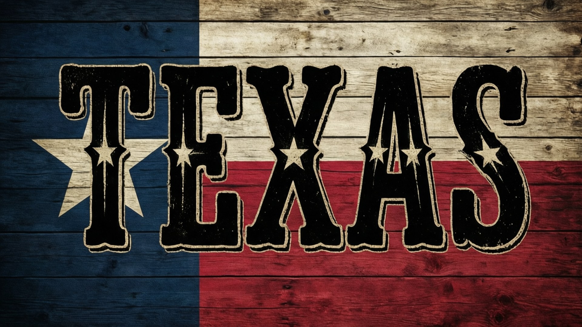 Texas Typography 壁紙 — 粗體黑色字母拼出TEXAS，帶有星星，覆蓋在塗有德州旗幟顏色的風化木表面上。